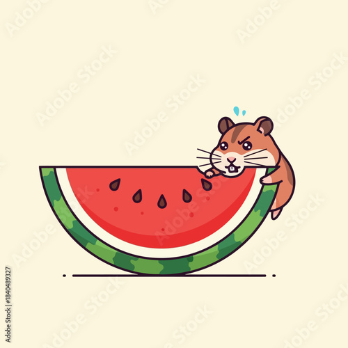 Adorable cartoon hamster struggling to climb a huge slice of refreshing summer watermelon.