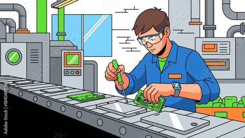 technician assembling electronic circuit board in modern factory workspace