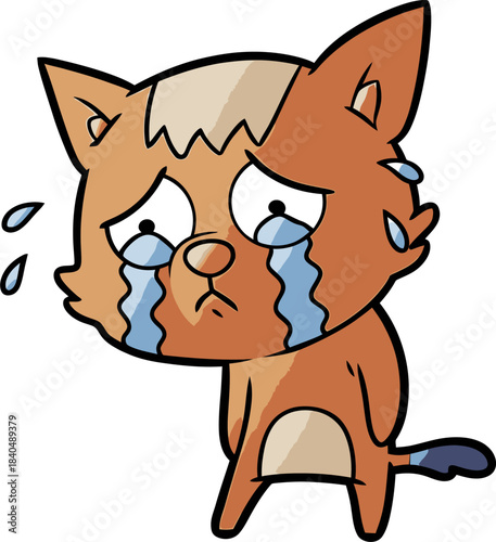 A sad cartoon ginger cat stands crying profusely with large blue tears on a white background.