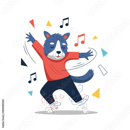 Vector illustration of a joyful husky dancing wildly surrounded by colorful musical notes.