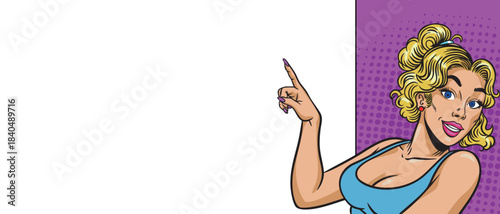 A beautiful blonde girl points to the side in pop art style near a banner