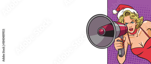 A beautiful blonde Santa girl with a megaphone in pop art style near a banner