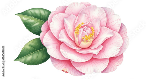 Pink camellia flower with green leaves on black background