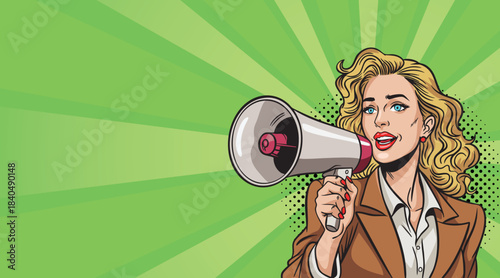 A beautiful blonde girl with a megaphone in pop art style