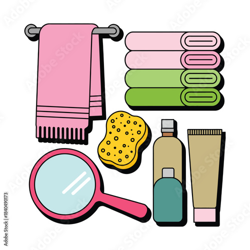 Spa and home bathroom accessories bundle with towels mirror and hygiene bottles