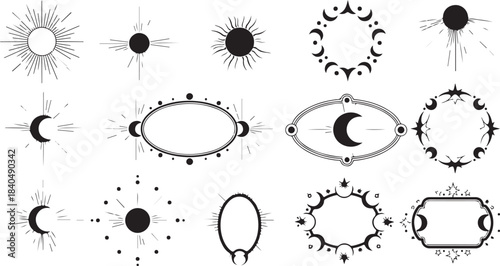 Mystical Celestial Ornaments and Cosmic Frame Elements for Spiritual Design Themes