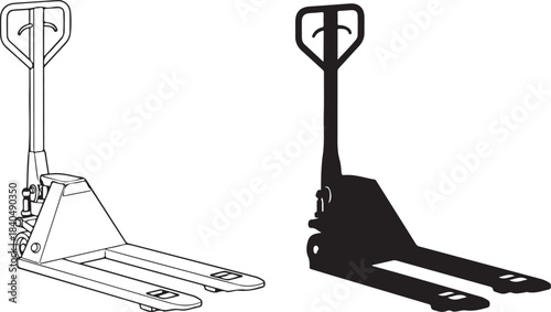 Line Art and Silhouette Illustrations of a Manual Pallet Jack Forklift Truck hand truck
