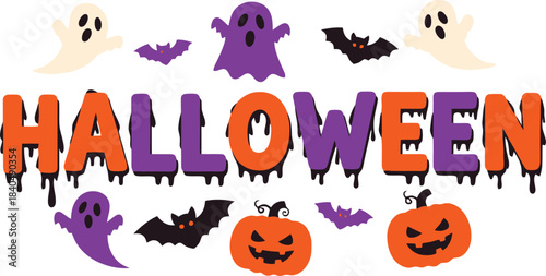 Festive Halloween Spooky Vector Typography With Pumpkins Bats Ghosts