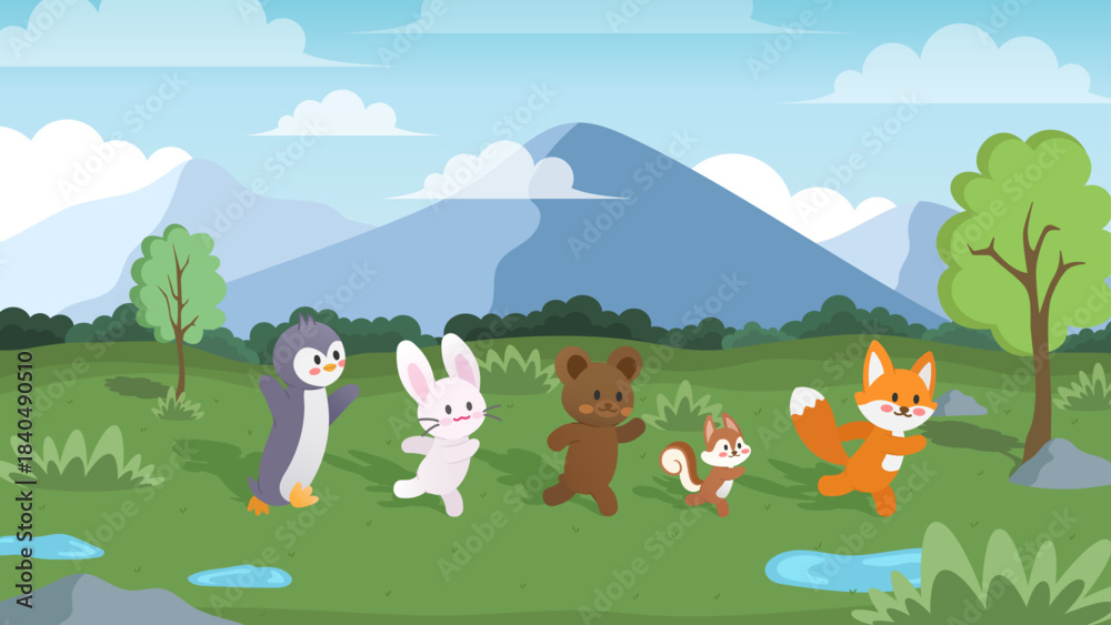 Naklejka premium Vector illustration of cute animal characters, a penguin, bunny, bear, squirrel, and fox running on a rain-soaked grassy field, featuring forest scenery, mountain landscape, blue sky, and white clouds