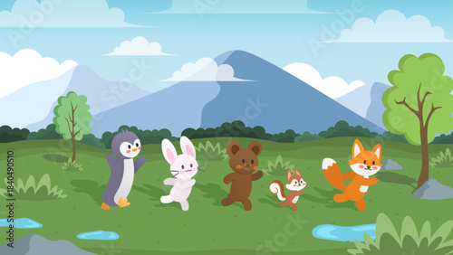 Vector illustration of cute animal characters, a penguin, bunny, bear, squirrel, and fox running on a rain-soaked grassy field, featuring forest scenery, mountain landscape, blue sky, and white clouds
