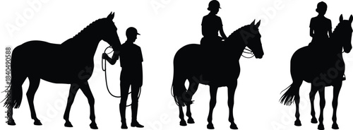 Horse and rider silhouette trio — black illustrations showing standing, mounted, and riding poses for equestrian and training themes