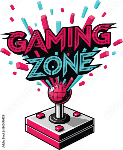 Retro Gaming Zone Vector Badge With Joystick And Pixel Art