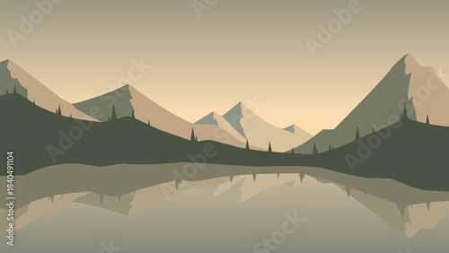 Mountain landscape illustration with lake and pine forest