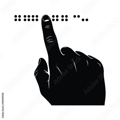 Black hand touching braille dots on white reading finger