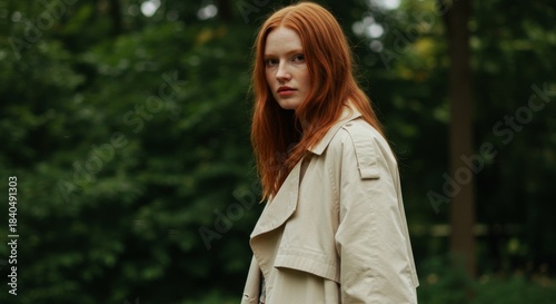 Redhead Woman in Beige Trench Coat Outdoors