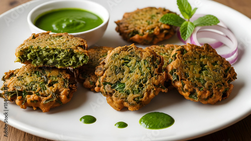 Fototapeta Naklejka Na Ścianę i Meble -  Delicious vegetable patties with mint chutney and red onion