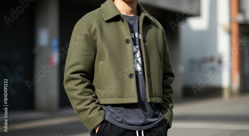 Cropped Olive Green Wool Jacket Men's Fashion Streetwear Style