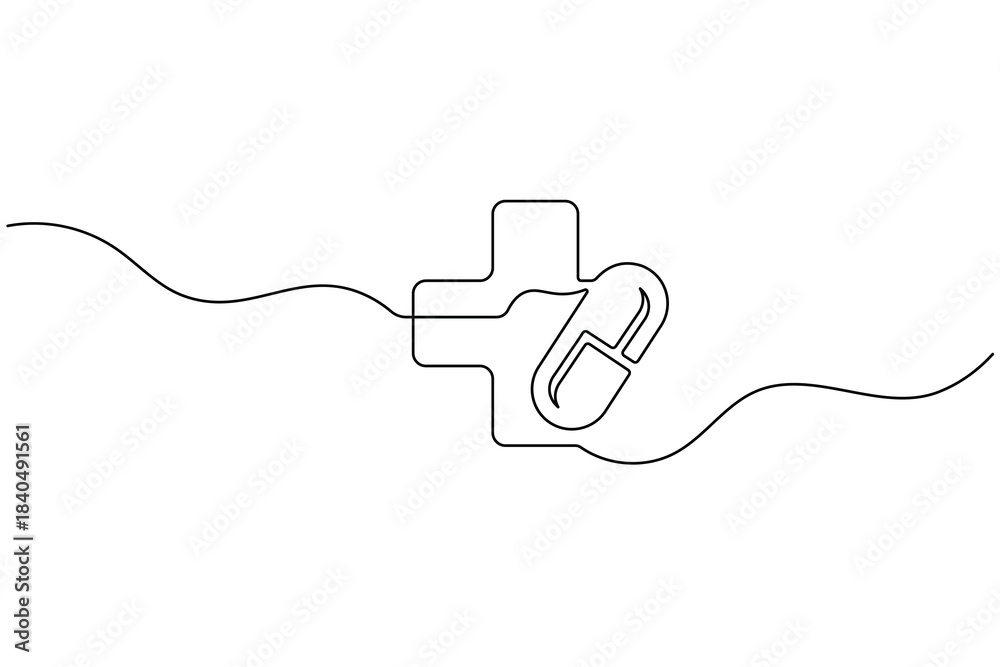 Obraz premium Continuous line drawing of a medical cross symbol and capsule pill, health and pharmacy concept