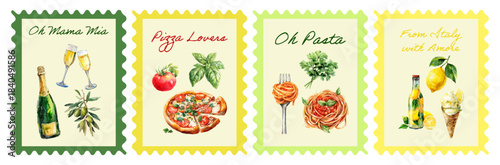 Colorful Italian poster featuring Amalfi lemons, summer cuisine, champagne, ice cream, tomatoes, wine, pasta, and coastal Mediterranean elements in an elegant lemon-accented composition.