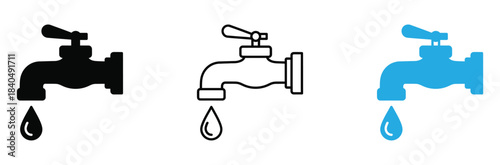 Essential water tap icons displaying conservation or plumbing issues in solid outline and color variations