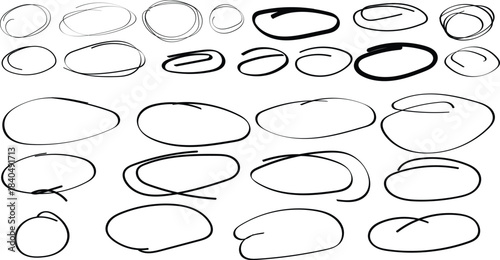 Set of hand drawn doodle grunge circle highlights. Round scrawl frames ellipses.