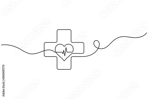 Continuous line drawing of a medical cross with a heart and heartbeat pulse wave, a healthcare symbol.