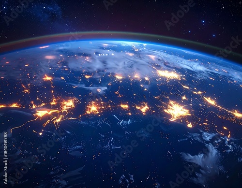 A vibrant, detailed image capturing Earth's nightside from space, showing city lights glowing against a dark ocean and starry sky