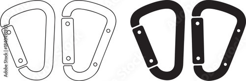 Pair Of Climbing Carabiners In Outline And Solid Black Silhouette With Metal Pins gear