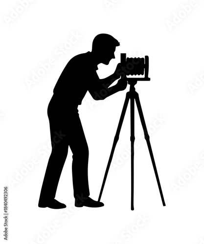Photographer with old vintage camera icon. Simple cameraman silhouette.