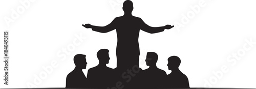 Manager giving instructions to team members, vector silhouette on white background