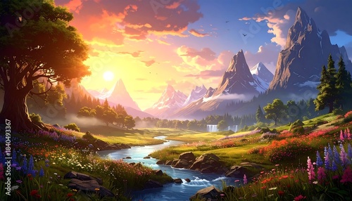 A vibrant, detailed painting of a lush landscape bathed in warm, golden light at sunset, featuring a river, mountains, and flowers