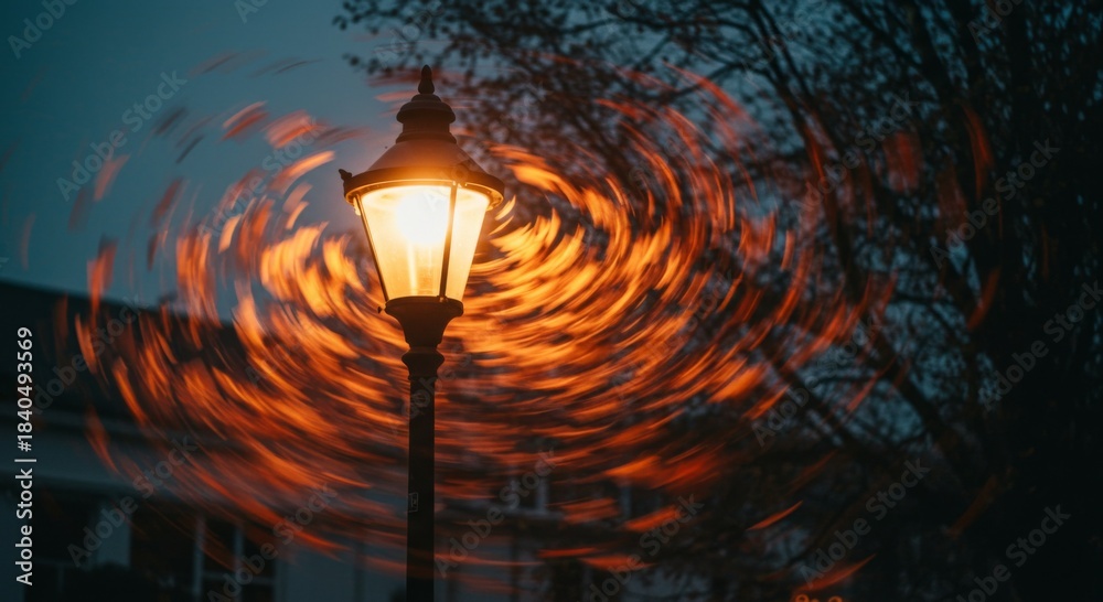 Obraz premium Night Street Lamp with Swirling Orange Light Motion Blur