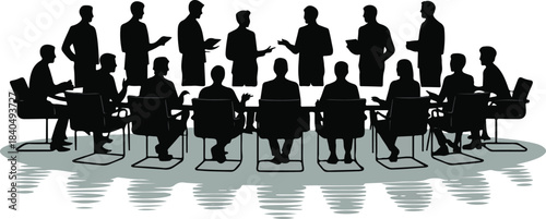 Team attending a conference meeting at a long table, solid black vector silhouette