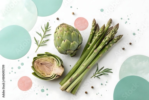 Fresh artichoke and asparagus arranged on a white surface
