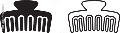 Two Black and White Icons of a Hair Claw Clip, One Solid Silhouette and One Outline Version Keywords: hair clip, claw clip, hair accessory