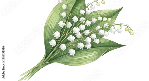 Watercolor Lily of the Valley Flowers and Green Leaves