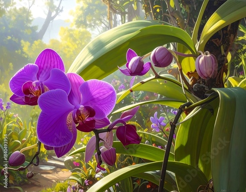 A vibrant, detailed painting of purple orchids blooming amidst lush greenery and soft sunlight, evoking a tranquil garden