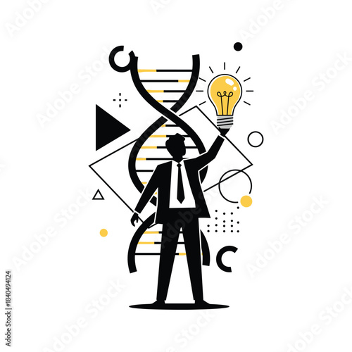Man holding glowing lightbulb with D N A helix and geometric shapes
