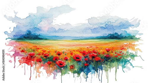 Watercolor poppy field with abstract colorful clouds
