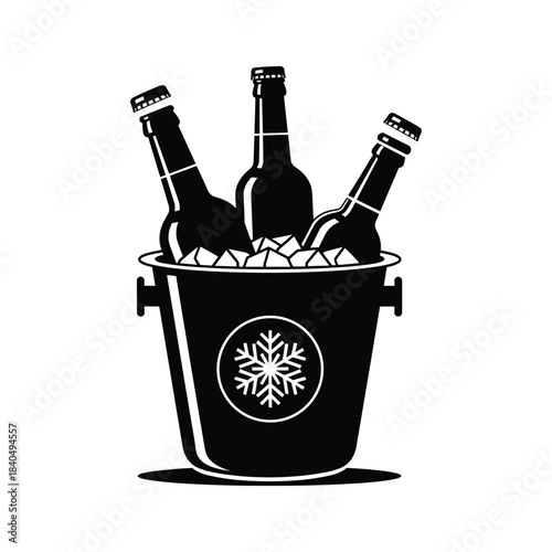 Three Black Beer Bottles in Ice Bucket with Snowflake Emblem 1
