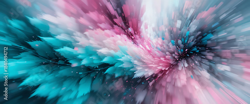 Digital airbrush painting, sleek teal, neon pink, and charcoal grey abstract floral pattern, high-speed motion blur and lens flare bokeh, seamless geometric pattern, iridescent holographic edge outlin