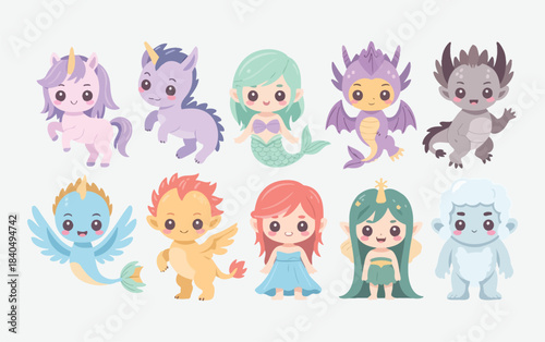 Collection of cute fantasy creatures and mythical characters in kawaii style