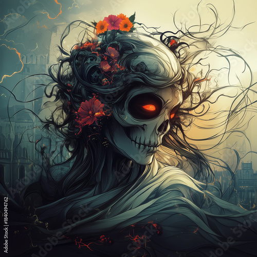 A skeletal figure adorned with flowers and flowing lines, blending death with beauty and symbolizing life blooming even in darkness.
