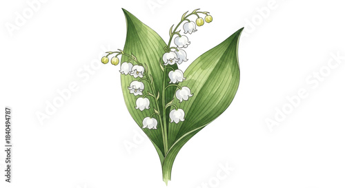 White Lily of the Valley flowers with green leaves on black
