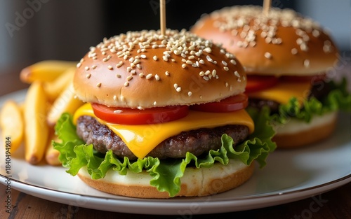 two burgers with cheese and potatoes,. High quality