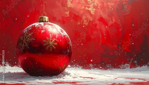 A vibrant, detailed red Christmas ornament with gold snowflake details hangs against a textured red background with snow at the bottom