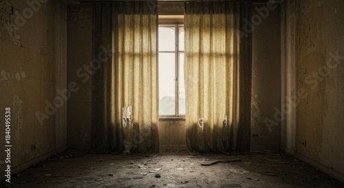 Abandoned Room with Yellow Curtains and Sunlight