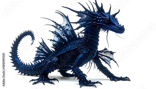 A vibrant, detailed sculpture of a dark blue, mythical dragon with spiky fins and a curled tail, isolated against a white background