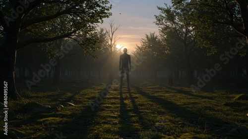 Silhouette of a Man in a Sunlit Forest at Sunset