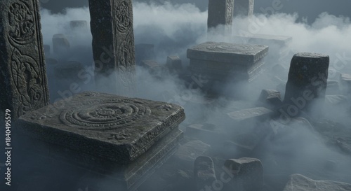 Ancient Stone Ruins Shrouded in Fog